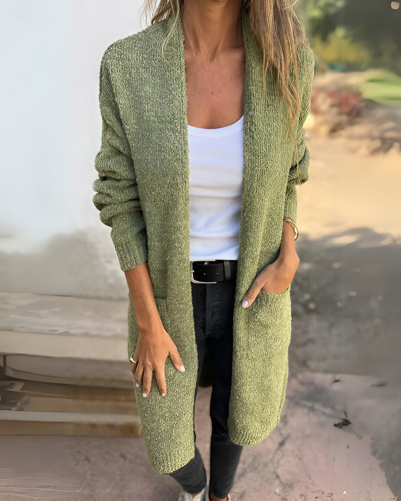 BELIA - CARDIGAN DESCOTADO EM MALHA COM BOLSOS