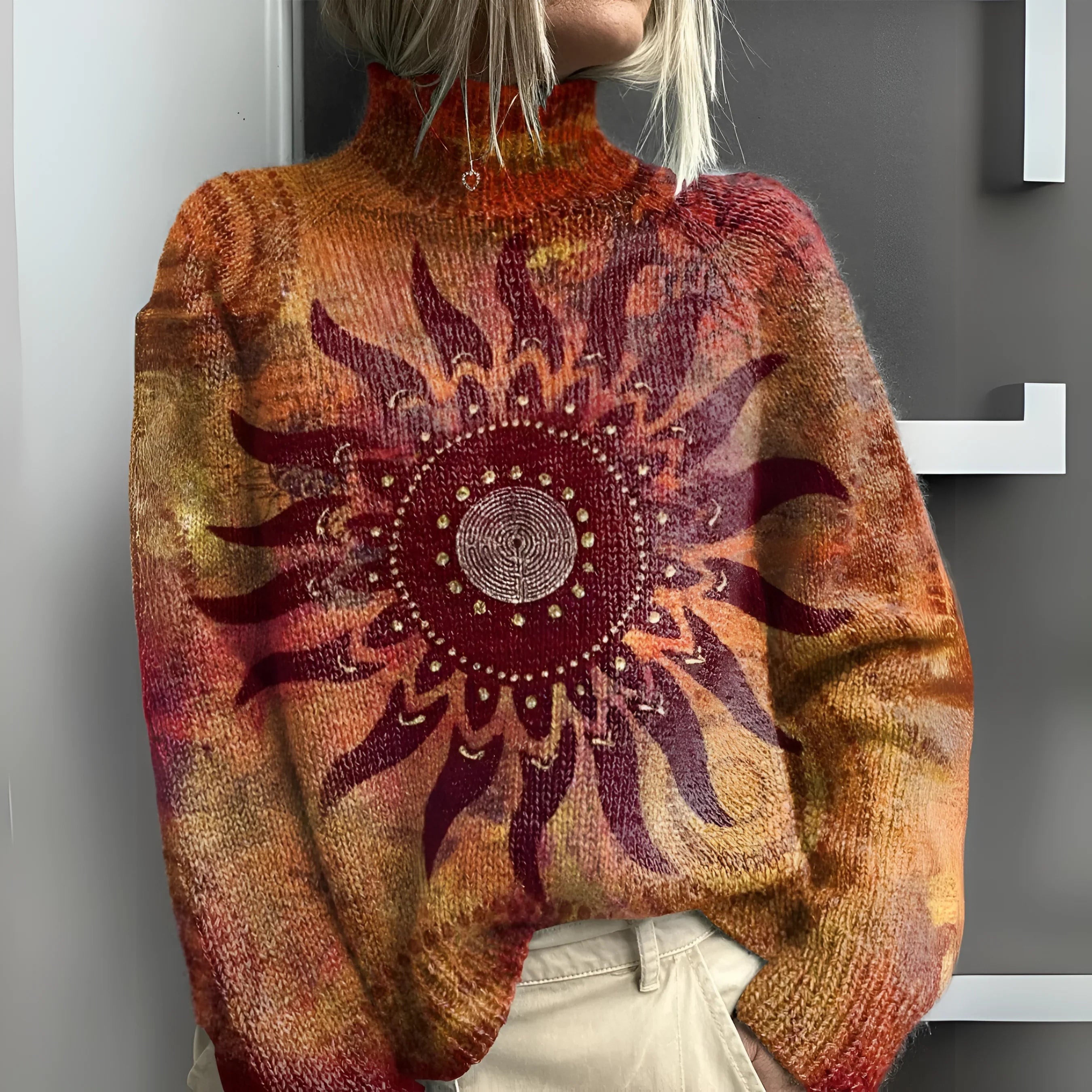Eline - Suéter de gola alta tricotado quente com estampa tribal do sol